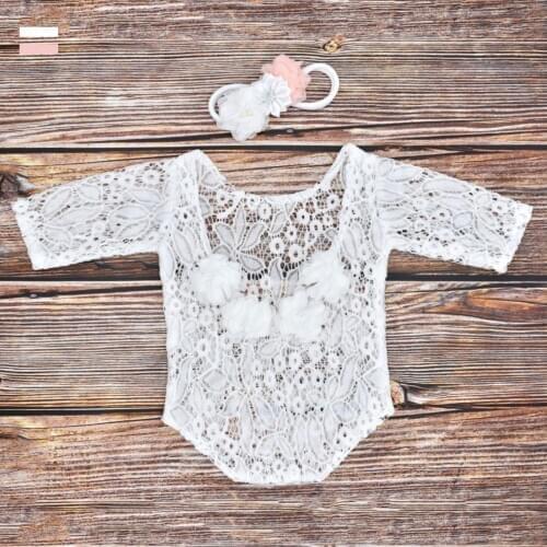 2020 Newborn Infant Baby Flower Headband Backless Hollow Bowknot Lace Romper Set Newborn Clothing Outfits Set Baby Suit