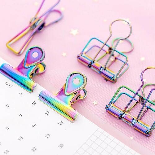 3Pcs/lot Creative Gradient Laser Colored Paper Clips Hollow Metal Binder Clip Spring Clip Kawaii Clamp Office Stationery Supplie
