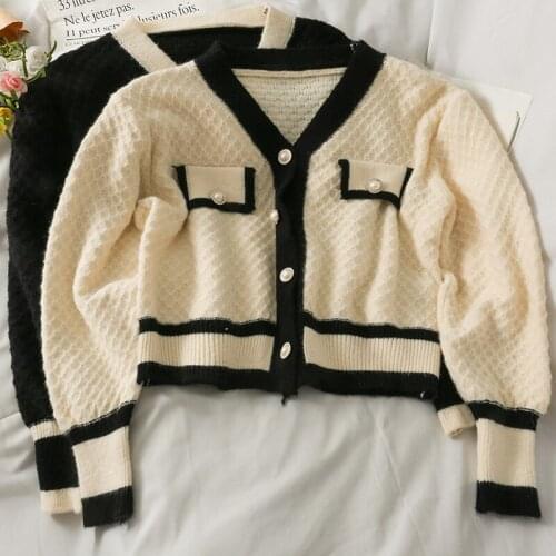 Abrini 2021 Autumn Winter Preppy Style Women Knittd Sweaters Ribbed V-neck Button Up Pokect Sweet Cardigans Patchwork Sweater