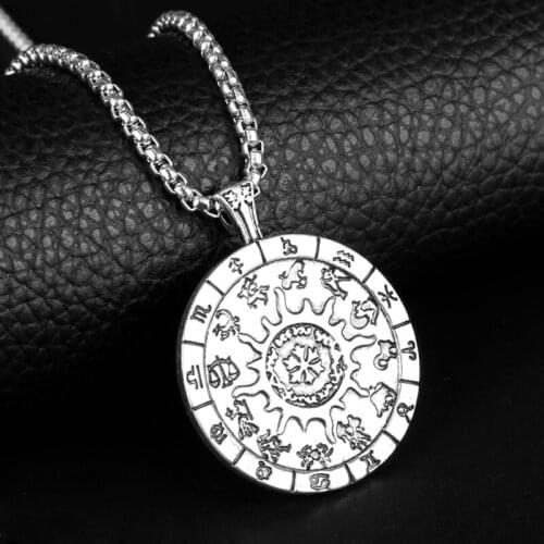 European New 12 Constellations Necklaces Stainless Steel Pendant Rune Divination Symbol Talisman Jewelry Zodiac Necklace Vintage