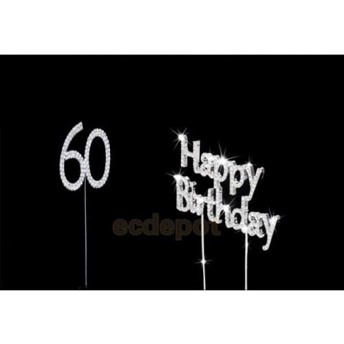 Crystal Happy Brithday + 60th Cake Toppers Bday Anniversary Cake Decor