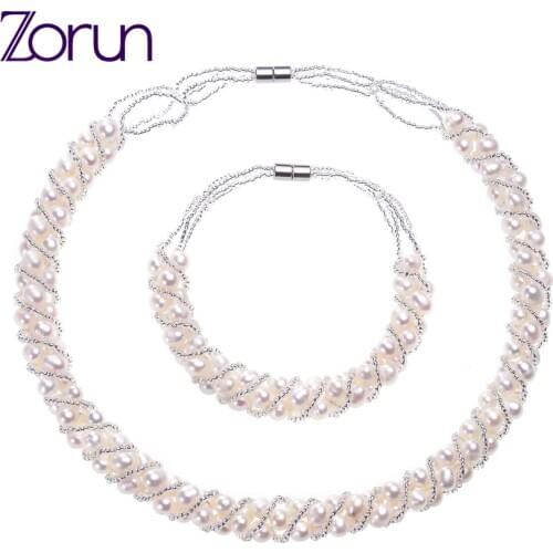 Zorun Real Natural Freshwater Pearl White/Gray Sets Fine Jewelry 5-6MM with Magnetic clasp for Women New Design Good Sale