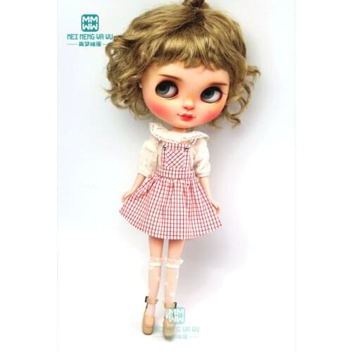 Fits Blyth Azone 1/6 doll accessories fashion three-piece white shirt, red plaid strap skirt, lace socks