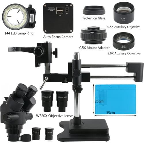 3.5X-90X Simul-Focal Trinocular Stereo Microscope Double Boom Stand + SONY IMX290 HDMI 1080P Auto Focus Video Camera + Work Mat