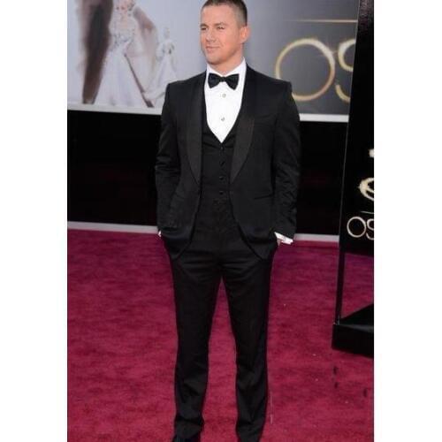 Custom Made To Measure Men Suit, Bespoke Black Tuxedo Jacket And Pants With V-neck Vest,Classic Black Wedding Suits For Men