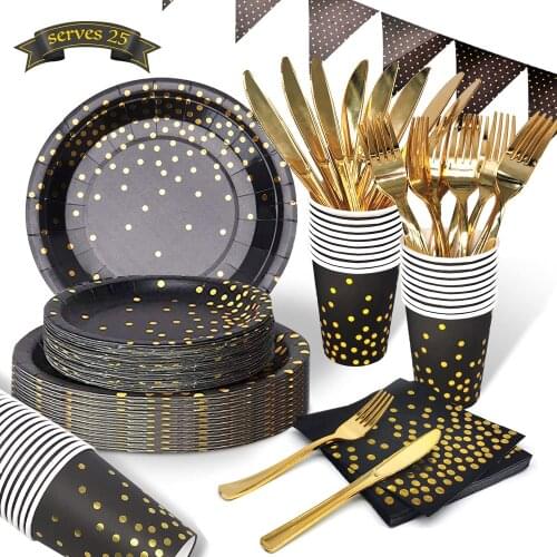 Black Gold Party Tableware Sets Decorations Supplies Golden Dot Disposable Dinnerware Plates for Graduation Birthday Cocktail