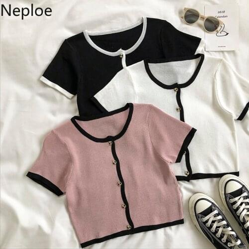 Neploe Korean Knit Cardigan TShirts Short Sleeve Cropped Tops Woman Tees Fashion 2021 Summer Shirts Femme Patchwork T Shirts