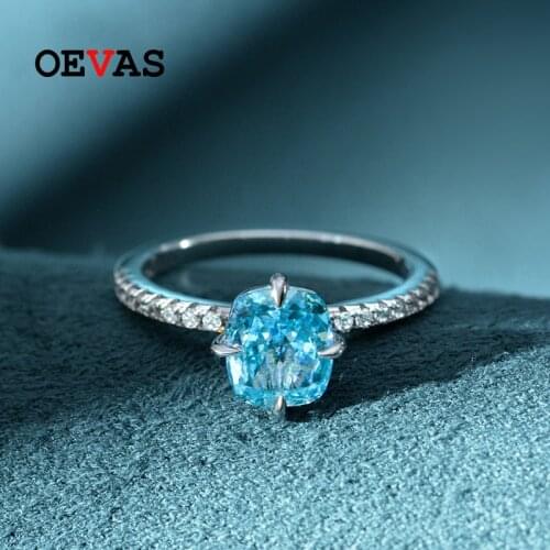 OEVAS 100% 925 Sterling Silver 6.5*7.5mm Aquamarine High Carbon Diamond Rings For Women Sparkling Wedding Fine Jewelry Wholesale