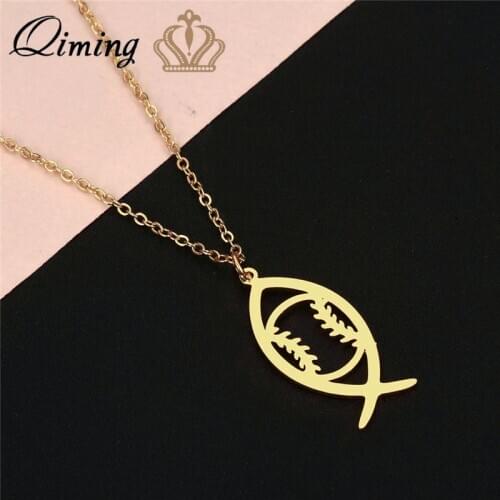 QIMING New Brand Baseball Ichthys Necklace Women Mens Sports Jewelry Fitness Stainless Steel Chains Necklaces Chokers Gift
