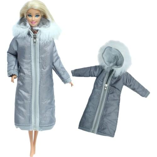 Fashion Gray Long Coat Cotton Dress Skirt Winter Jacket With Hat Warm Parka Clothes for Barbie Doll Accessories Baby Kids Toy