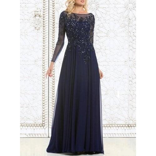 Top Selling Elegant Navy Blue Mother of The Bride Dresses Chiffon See-Through Long Sleeve Sheer Neck Appliques Sequins Evening