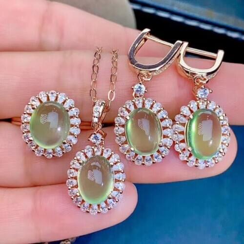 The Best Wedding Gift Prehnite Set Natural And Real Prehnite Jewelry set 925 sterling silver 1pc Ring,1pc Pendant,2pcs Earring