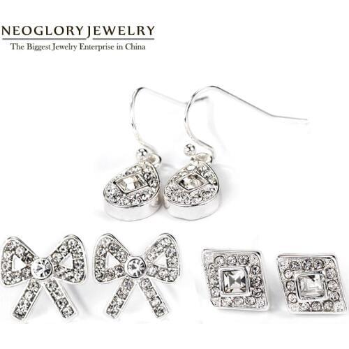 Neoglory Rhinestone White Bowknot Water Stud Earrings Set For Women Teens Girls Fashion Jewelry 2020 New FA