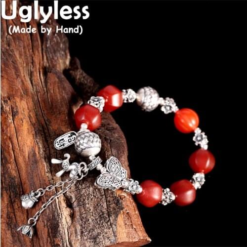 Uglyless Elastic Rope Thai Silver Butterfly Bracelets for Women Natural Old Agate Beading Jewelry 925 Silver Gemstones Bracelets