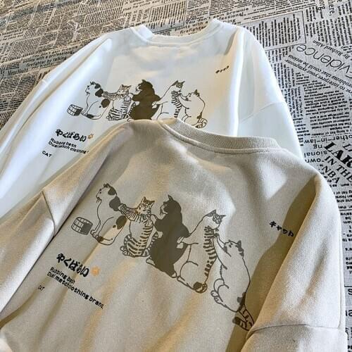 Streetwear Holiday Harajuku Tops White Lovely Autumn Soft White Lady Cute Cat Kawaii Japan Womens Spring Loose Sweatshirts