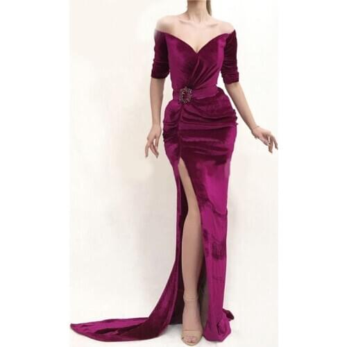 Velvet Rose Long Formal Evening Dresses 2019 New Arrival Off the Shoulder Dubai Prom Dress Saudi Arabic Sexy Party Gowns Vestido