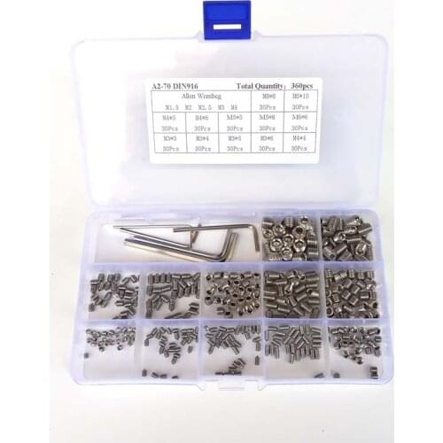 360pcs DIN914 M2 M2.5 M3 M4 M5 M8 304 Stainless Steel Thread Screws Hexagon Socket Set Screws Headless