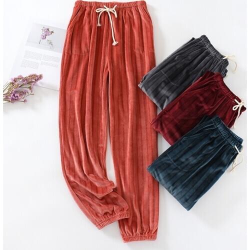 Japanese style autumn and winter couple sleep pants home pants flannel men and women thick warm large size coral velvet trousers