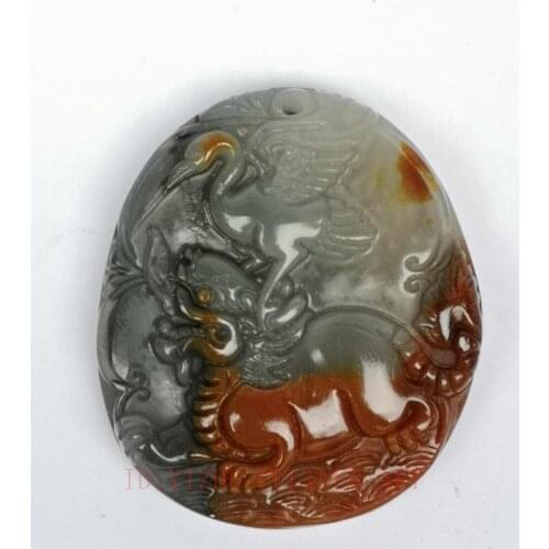 YIZHU CULTUER ART 100% Natural Hand-carved Chinese Jade Necklace Pendant Turtle red-crowned Crane