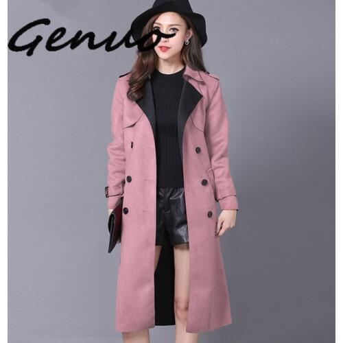 Plus Size 6XL Suede Trench Coat For Women New Spring Double Breasted Trench Coat Long Overcoat Windbreaker Elegant Outwear C4057