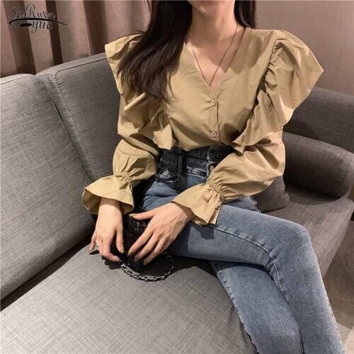 2021 New Autumn Korean Fashion Clothing Ruffles V-neck Long-Sleeved Shirt Women Cardigan Elegant Womens Blouse Blusas 9656