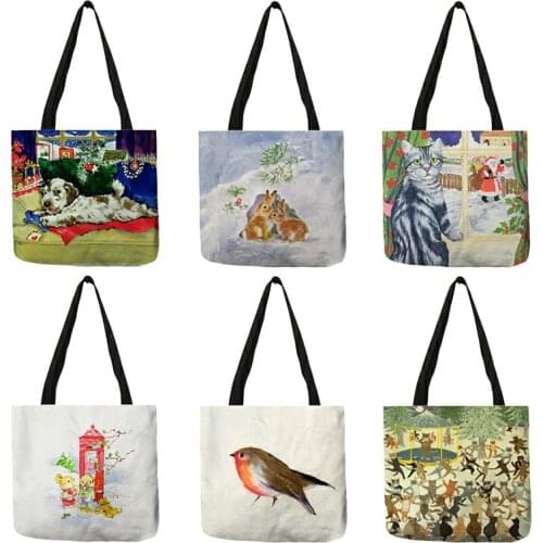 Creative Cartoon Animals Print Tote Handbags Women Ladies 2021 New Design Shopper Bag Dog Cats Painting Shopping Bags B13158