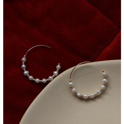 Lily Jewelry Geniue Pearl Boho 925 Sterling Silver Hoops Earrings Freshwater Pearl Women Jewelry Mom Lover Best Gift