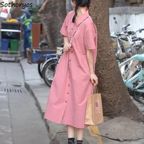 Women Single Breasted Dress Loose Simple Solid Pockets Japanese All-match Mid-calf Summer New-arrival Students Soft Leisure Chic