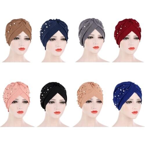 2020 New Women Ruffle Hijabs Beads Pearls Turban Caps Islamic Twist Bonnet Stretchy Beading Headscarf Warp African Indian Hat