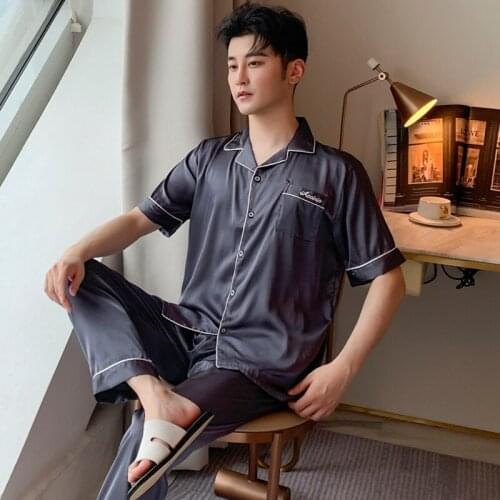 2021 Summer Silk Satin Short Sleeve Long Pants Pajama Set for Men Korean Sleepwear Suit Pyjama Male Homewear Pijama Home Clothes