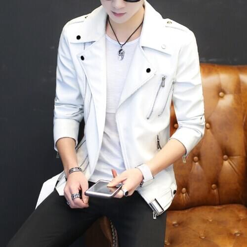 2021 Mens Spring Slim Fit Oblique Zipper Lapel Leather Clothing Youth Rivet Multi-Zipper Handsome Leather Clothing