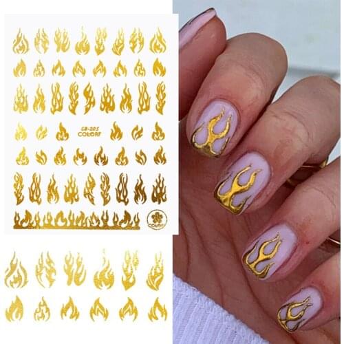 1pcs 3D Fire Flame Nail Stickers Gold Black White Holographic Manicure Decals Adhesive Slider DIY Nail Art Decorations Tools