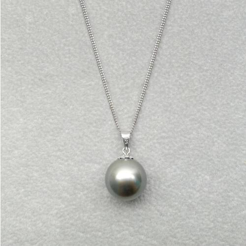 Free Shipping AAA 9-12MM Perfect Round Gray Genuine Tahitian Pearl Pendant 925 Sterling Silver #0209