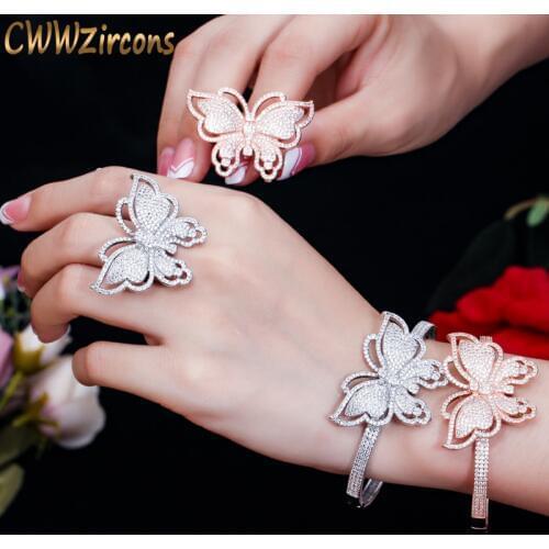CWWZircons Brand Fashion Micro Pave Cubic Zirconia Stones Rose Gold Big CZ Open Bracelet Bangle and Ring Set for Women T227