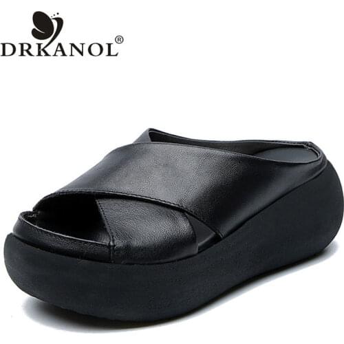 DRKANOL Women Slippers Summer Wedges Shoes Quality Genuine Leather Peep Toe Retro High Heel Sandals Women Platform Slippers