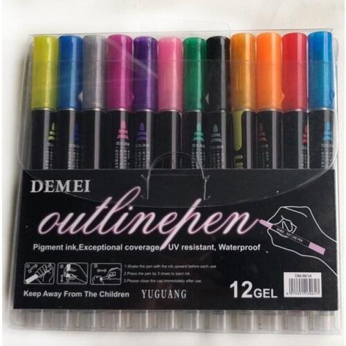 Double Line Outline Marker Pen Metal Outline Silver Glitter 12 Colors Art Drawing Marker Pen 12 pcs/set