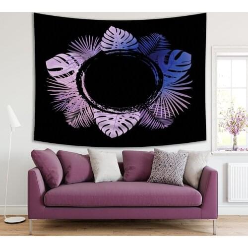 Tapestry Palm Leaves Circle Frame Sunny Exotic Seaside Summer Days Floral Modern Artwork Black Purple Blue