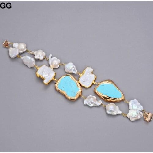 GuaiGuai Jewelry Natural Pearl Cultured White Flower Keshi Pearl Blue Turquoise Slice Bracelet