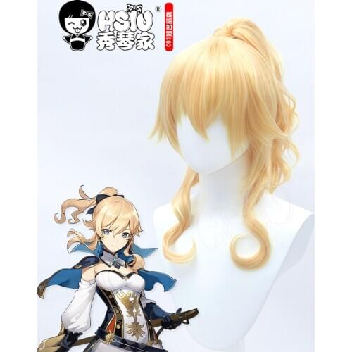 HSIU game Genshin Impact cosplay Jean wig Golden ponytail short hair + Free gift brand wig cap