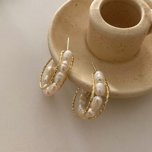 Korean Gold Double Layers Geometric Letter C Round Circle Pearl Stud Earrings for Women Accessories Girl Gifts Fashion Jewelry