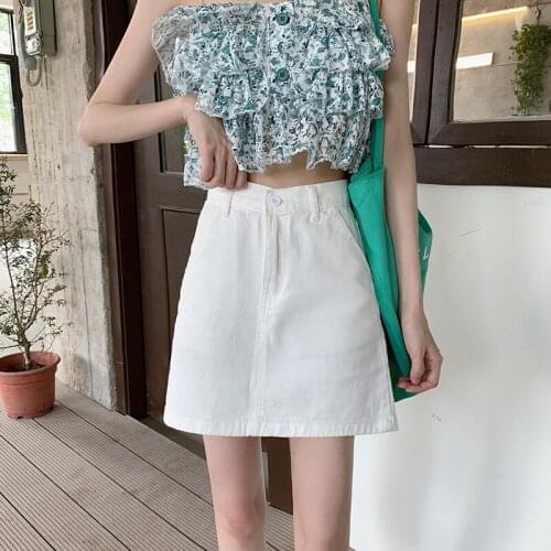 Summer Ladies Short Elegant Casual Commuter High-Waist A-Line Hip-Wrapped Denim Mini Skirt Faldas Mujer Moda 2021 A157