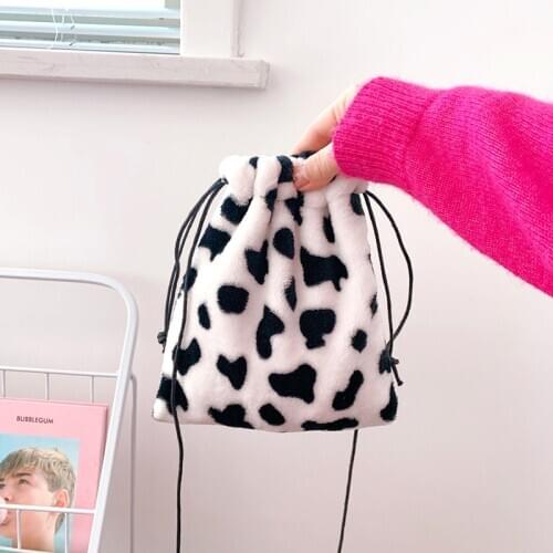 INS Cute Plush Cow Drawstring Bags Kawaii Home Storage Bag Mini Cosmetic Travel Pouch Wash Holder Crossbody Bag For Girl Women