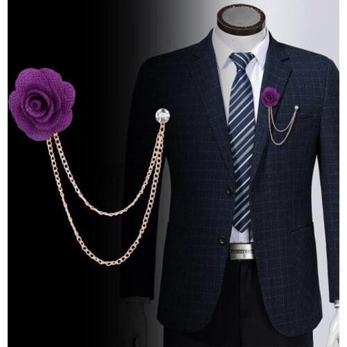Bridegroom Wedding Brooches Cloth Art Hand-made Silk Rose Flower Brooch Lapel Pin Gold Tassel Chain Mens Suit Accessories