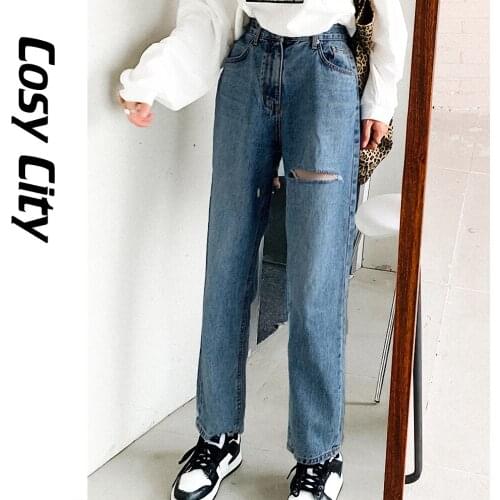 2021 New Korean Fashion Boyfriend High Waist Baggy Ripped Jeans Straight Leg Pants For Women Girls Denim Lady Trousers