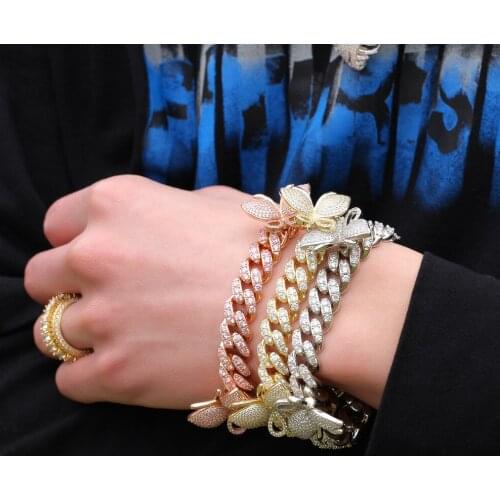 New Fashion Luxury Jewelry 12mm CZ Butterfly Bracelet Cuban Chain Micro Pave Cubic Zircon Gold Silver Color for Men Clasp