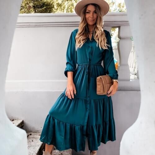 Women Elegant Satin Dress Vintage Buttons Drawstring V-neck Lantern Sleeve Slip Long Dress Solid Cupcake Dress Lady Autumn 2020