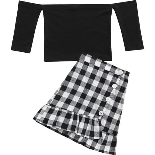 2 Pcs Toddler Casual Outfits, Girls Off-shoulder Solid Color Long Sleeve Boat Neck Pullover + Slit Plaid Skirt 18M-7T