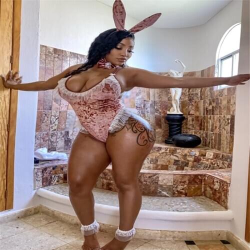 Sexy Lingerie Golden Velvet Pink Bodysuits Flower Lace Mesh Bunny Girl Cosplay Uniform Plus Size S-XXL