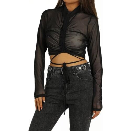 Sexy Female Crop Tops Solid Color Mock Neck Long Sleeve Pullover See-Through Blouse for Adults Women S/M/L