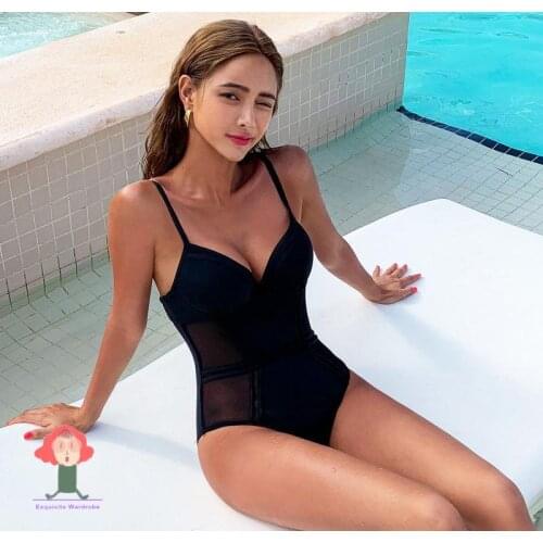 Sexy Black Mesh Push Up One Piece Swimsuit Ladies 2021 Monokini Backless Cut Out Swimwear Women Swim Bathing Suit Trikini playa